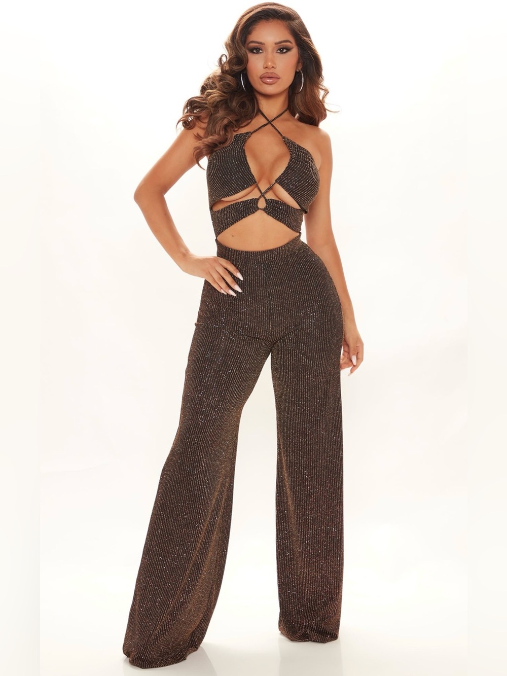 Fashion Nova Shimmery Bronze Cutout Jumpsuit